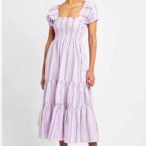 O.P.T. One pretty time Daphne smocked purple stripe midi dress women’s medium